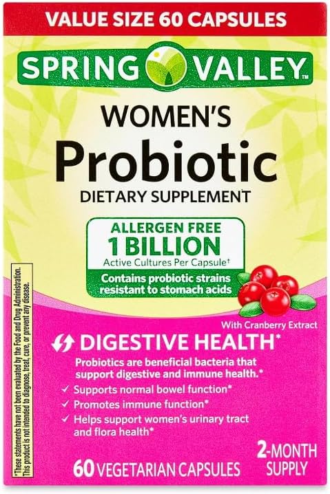 Spring Valley Women's Probiotic Dietary Supplement Vegetarian Capsules for Digestive Health Cranberry 60 Count Value Size + Daily Supplement Tracker Sticker