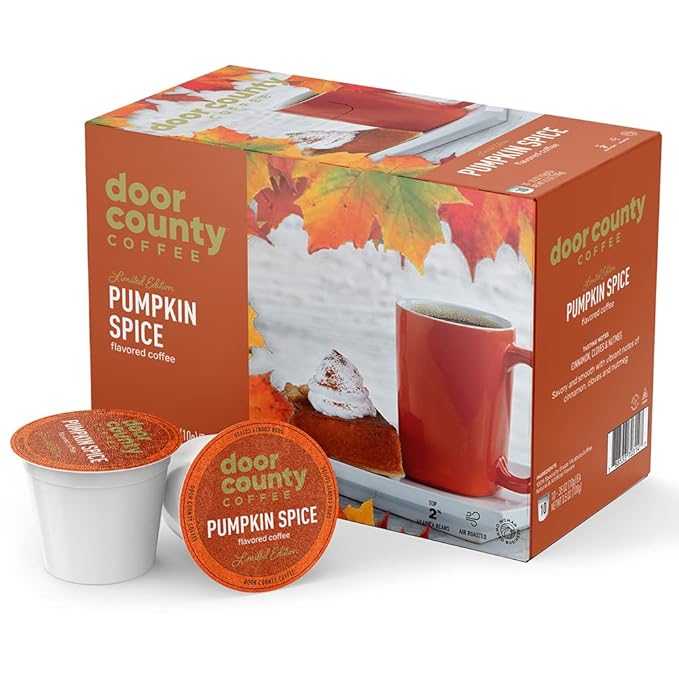 Door County Coffee Pumpkin Spice Fall Flavored Ground - 10 Count Single Serve Cups - Medium Roast - 100% Specialty Arabica - Flavored Gourmet - Cinnamon &amp Nutmeg
