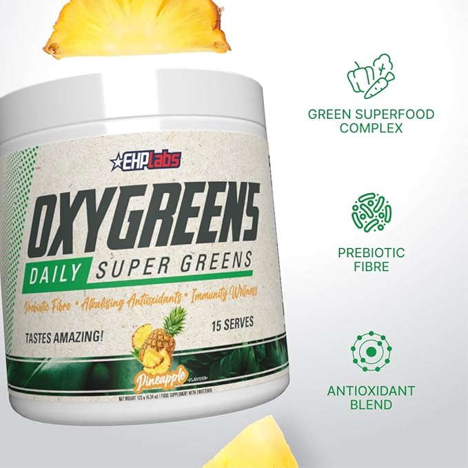 EHP Labs OxyGreens Super Greens Powder with Spirulina &amp Chlorella Prebiotic Fiber Probiotics &amp Digestive Enzymes – Antioxidant Green Superfood Supplement - 15 Serves (Pineapple)