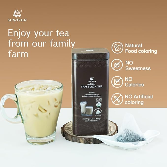 Suwirun Organic Assam Thai Black Tea 25 Bags – Bold Smooth &amp Aromatic – Premium Quality No Additives – Perfect for Hot Iced &amp Thai Milk Tea