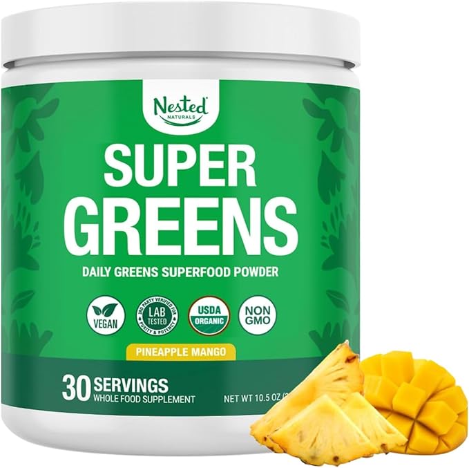 Nested Naturals Super Greens Daily Superfood Powder - Certified USDA Organic Green Powder w/Whole Foods Spirulina Wheat &amp Barley Grass - Probiotics Fiber &amp Enzymes - Pineapple Mango 30 Ser