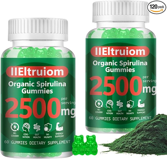 Spirulina Gummies Organic Spirulina 2500mg Enhanced Daily Energy - Your Daily Super Greens with Sea Moss Chlorophyll GLA Non-GMO Gluten Free 120 Vegan Gummies