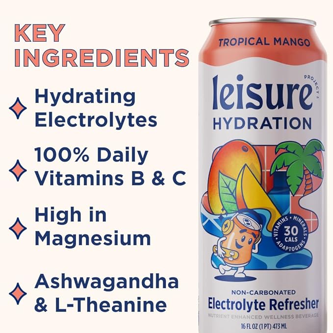 Leisure Hydration Non-Carbonated Electrolyte Refresher Tropical Mango Flavor - Low Sugar Nutrient Enhanced Water Beverage - Get The Best Hydration Packed w/ Magnesium &amp Ashwagandha For Mood &amp