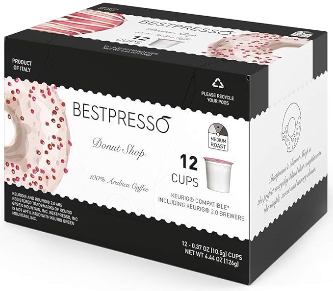 Bestpresso Coffee Donut Shop Medium Roast Single Serve K-Cup Pods 96 Count (Compatible With 2.0 Keurig Brewers) 8 Packs Of 12 Cups