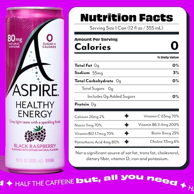 ASPIRE® Black Raspberry Healthy Energy Drink 80mg Natural Caffeine Zero Sugar No Carbs Keto Friendly 12 Pack Green Tea Sugar Free Drink Low Caffeine Zero Calorie