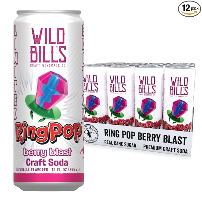 Wild Bill's Berry Blast Ring Pop Craft Soda Pop Soft Drinks – Pure Cane Sugar No HFCS Caffeine Free Vegan Gluten Free Low Sodium Lightly Carbonated - 12 Oz Cans 12 Pack