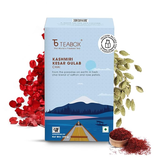 Teabox Kashmiri Kesar Gulab Masala Chai 250 Grams | From The Everlasting Beauty Of The Kashmir Valley | Tea Mixed With The World's Rarest Saffron &amp Light Scented Roses