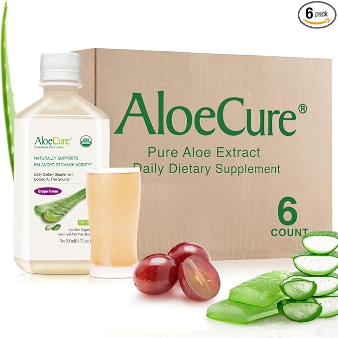 AloeCure USDA Organic Aloe Vera Juice Grape Flavor Made Within 12 Hours of Harvest - Pure Aloe Vera Digestive &amp Immune Health Supplement Helps Maintain Balanced Stomach Acidity 16.7oz x 6 Btls