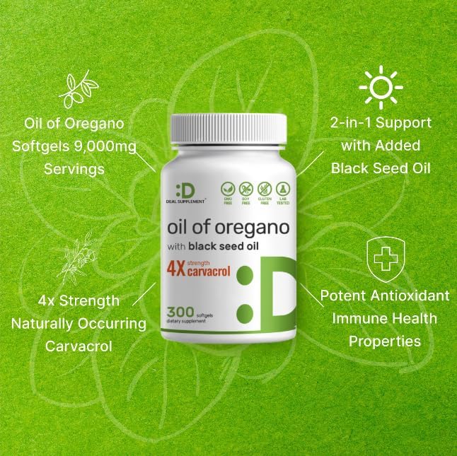 DEAL SUPPLEMENT Oil of Oregano Softgels with Black Seed Oil 300 Count – 30:1 Extract Active Carvacrol &amp Thymoquinone – Antioxidant Immune Health Support – Plant Based Non-GMO