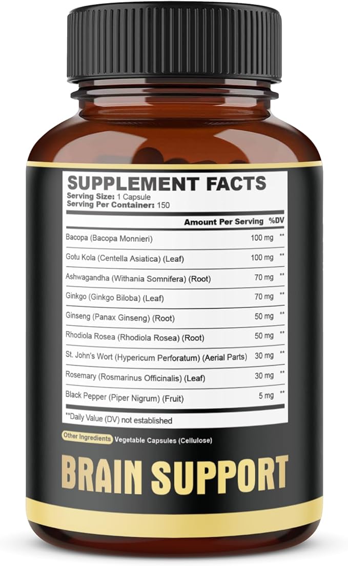 agobi 9in1 Brain Support Supplement - Blended with Ashwagandha Panax Ginseng Gotu Kola Ginkgo Biloba Black Pepper &amp More - Accuracy Focus Memory &amp Energy Booster - 150 Capsules for 5 Mon