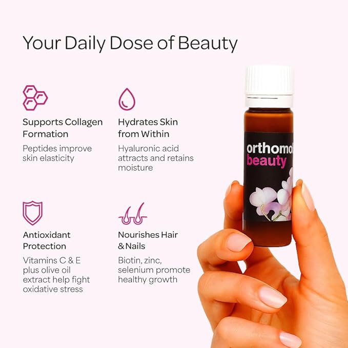 Orthomol Beauty Vial - Liquid Women's Beauty Supplement with Collagen Hydrolysate Hyaluronic Acid and Coenzyme Q10 for Hair Skin and Nail Health