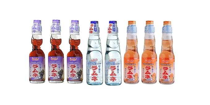 RAMUNE Japanese Soft Drink Variety 8-Pack 6.76 Fluid Ounce Each (Orange(3)-Grape(3)-Original(2))