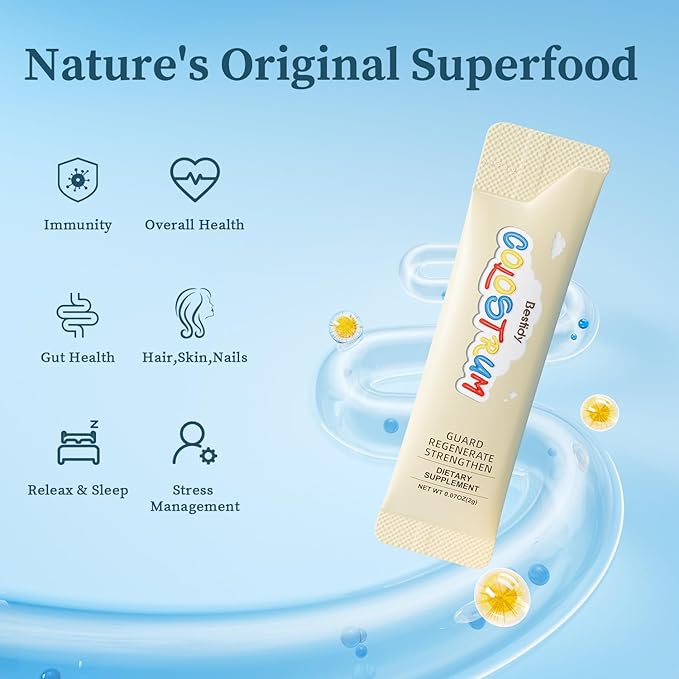 Bestidy Colostrum SupplementColostrum Powder for Gut Hair Growth Beauty Individually PackagedNatural Superfood Bovine Colostrum Powder(60 Servings) 4.23 Oz