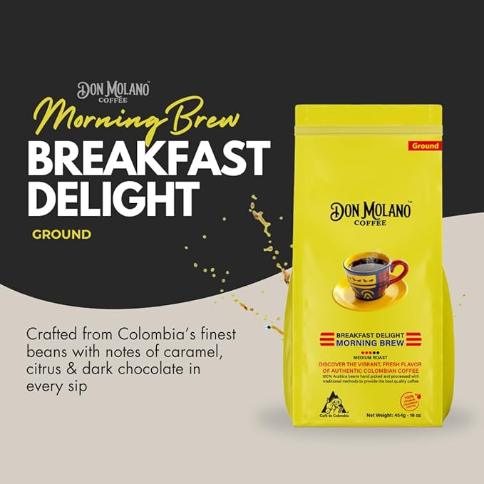 Don Molano Coffee Breakfast Delight Morning Brew Ground Coffee Medium Blonde Roast 16oz - Premium Colombian Coffee Halal Certified – Awakens your senses with some of Colombia’s finest and most vibran