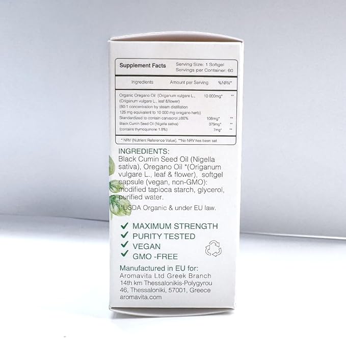 Oregano &amp Black Seed Oil Softgels –Natural Carvacrol &amp poten Pure Black Seed Oil – 7mg Thymoquinone– Organic Vegan Non-GMO – Immune &amp Wellness Support – 60 Capsules