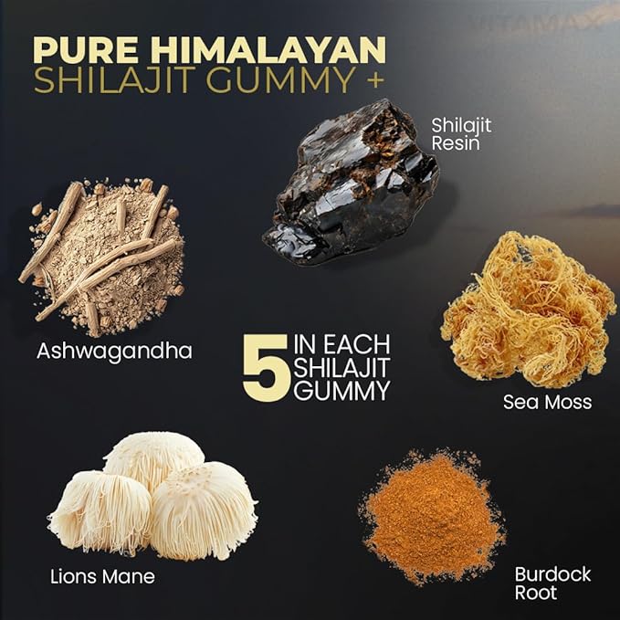 Pure Shilajit Gummies Sea Moss Ashwagandha 105+ Trace Minerals – Organic Burdock Root &amp Lions Mane Mushroom - Blue Razz – Vegan &amp Non-GMO – Made in USA – 60ct