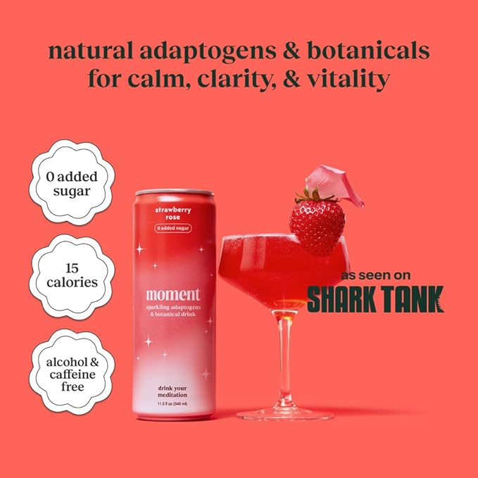 Moment Botanical Soda Soft Drink (Shark Tank) - SPARKLING Drinks | Strawberry Rose | L-Theanine &amp Ashwagandha for Calm &amp Clarity | 0 Added Sugar 0 Caffeine | 12-pack