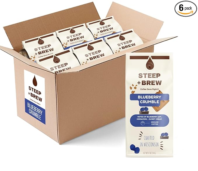 STEEP + BREW Blueberry Crumble Coffee | Premium Arabica Coffee | Ground | Light Roast | 12 oz | PACK OF 6
