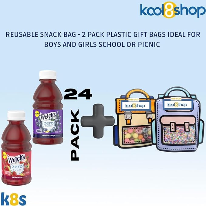 Welch's Zero Sugar Variety Pack Juice Drink 10 fl oz Plastic Bottle 24 Pack + 2 Reusable Snack Bags by KOOL8SHOP Infinite Deals
