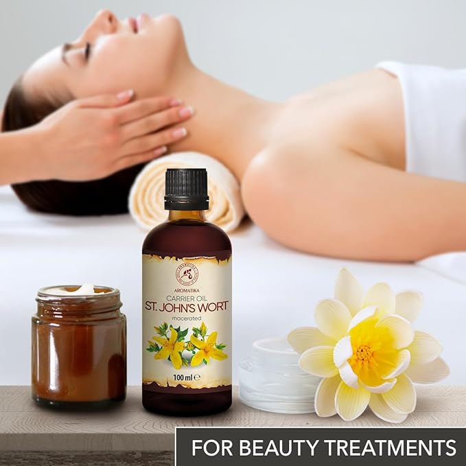 AROMATIKA St Johns Wort Infused Oil 3.4 Fl Oz - 100ml - Hypericum Perforatum - 100% Pure &amp Natural - St. John's Wort Oil for Intensive Care Face - Body - Skin - Hair - Massage - Great w/Essential