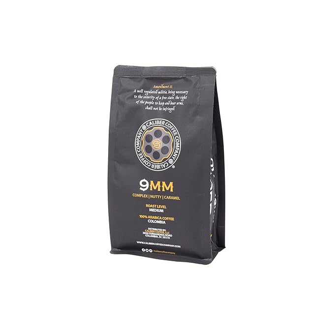 Caliber Coffee 9MM Ground Medium Roast – Complex Nutty Caramel Flavors – 100% Artisan Roasted Arabica Coffee – Small-Batch Hand-Crafted – Veteran Owned – 12oz Bag