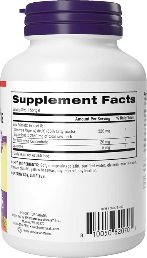 Webber Naturals Ultra Saw Palmetto Plus 320mg per Softgel Supports Healthy Prostate Function Herbal Health Supplement with Lycopene 100 Softgels Gluten Free