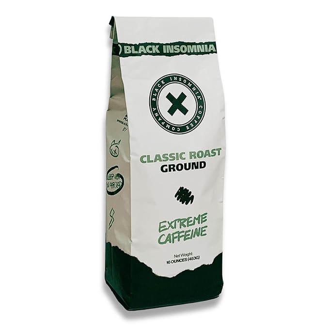 Black Insomnia Extreme Caffeine Coffee - World's Strongest Highly Caffeinated Coffee - Classic Roast Ground Bag &amp Single Serve Cups