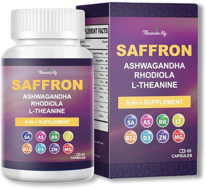 Saffron Supplements – Blend with Ashwagandha Safron Rhodiola Magnesium L-Theanine Zinc &amp B12 88.5 mg Pure Saffron Extract Capsules Mood Energy Vision &amp Focus – 60 Vegan Capsules