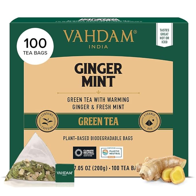 VAHDAM Ginger Mint Green Tea Bags (100 Count) High Grown Green Tea with Raw Ginger | Medium Caffeine | Non GMO Gluten Free | Mint Tea Bags | Resealable Ziplock Pouch