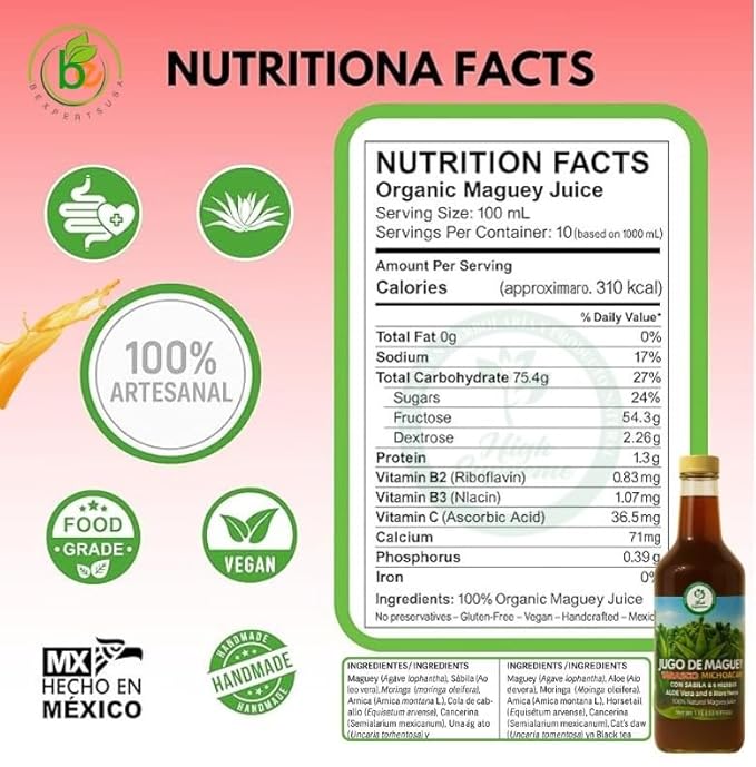 Maguey Jugo(Juice) w/ Aloe Vera &amp 6 Herbs (Sábila y 6 Hierbas)–1000 ml (1 L) Pure Agave Juice – 100% Artisanal Vegan Non-GMO–Natural Digestive Support – Rich in Vitamins B2 B3 &amp C IronCal