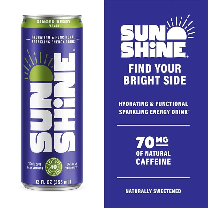 Sunshine Sparkling Energy Drink Ginger Berry with Daily Essential Vitamins 360mg of Electrolytes 70mg of Natural Caffeine 12 Fl Oz (Pack of 24)