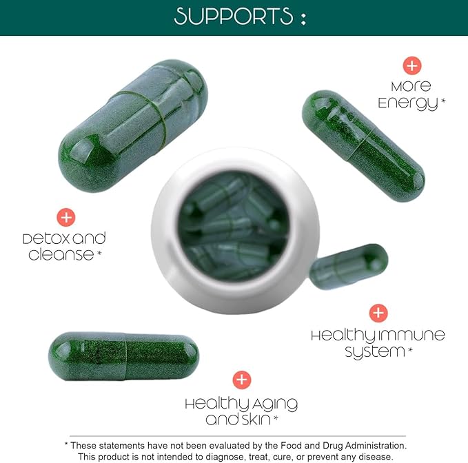 Teaveli Organic Spirulina and Chlorella Capsules – 180 Chlorophyll Pills Blue Green Algae Powder Capsules to Support Detox Mitochondria &amp Energy– 3X More Chlorella Spirulina Powder/Serving