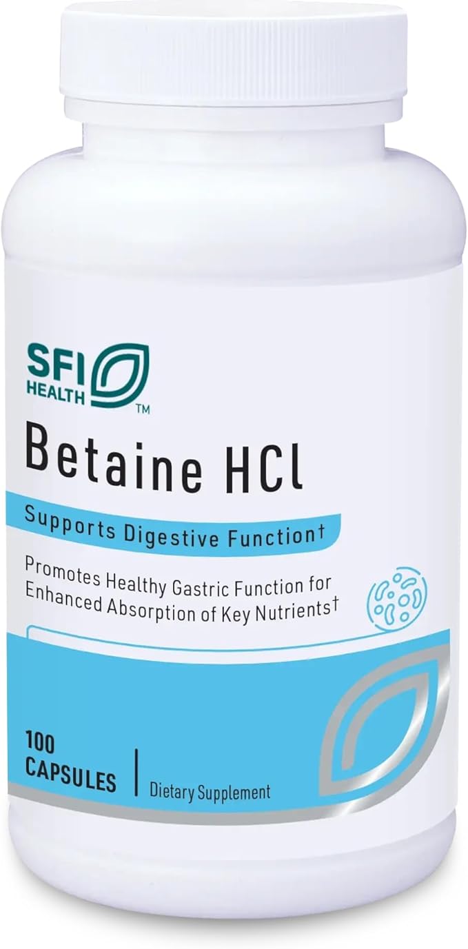 Klaire Labs SFI Health Betaine HCl 648mg - Hypoallergenic Betaine Supplement to Support Digestion &amp Nutrient Absorption - Gluten-Free Corn-Free (100 Capsules)