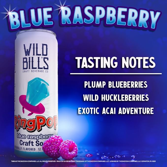 Wild Bill’s Blue Raspberry Ring Pop Craft Soda Pop Soft Drinks – Pure Cane Sugar No HFCS Caffeine Free Vegan Gluten Free Low Sodium Lightly Carbonated - 12 Oz Cans 12 Pack