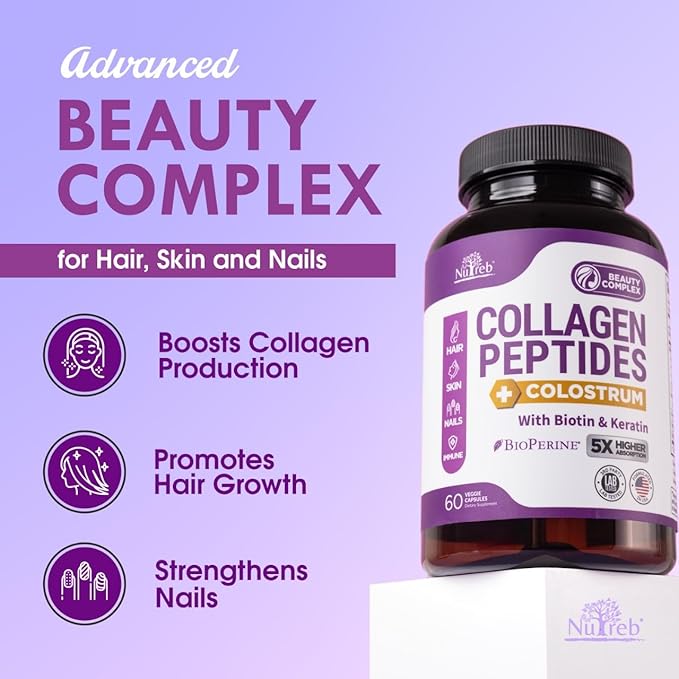 Collagen Peptides for Women with Colostrum Biotin and Keratin - Type I II III V X - 5X Higher Absorption - Hair Skin and Nails Vitamins - Collagen for Women - Collagen Pills - 60 Capsules