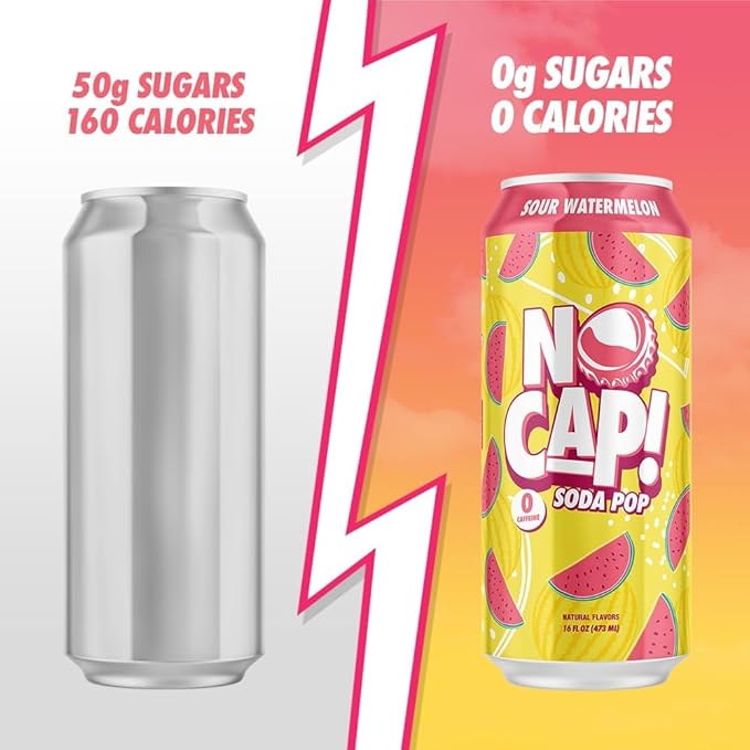 NO CAP! Next Gen Soda Pop with Zero Sugar Zero Calories and Electrolytes for Hydration Naturally Flavored Caffeine-Free Soda Vegan &amp Gluten-Free 12 oz Cans (Sour Watermelon)