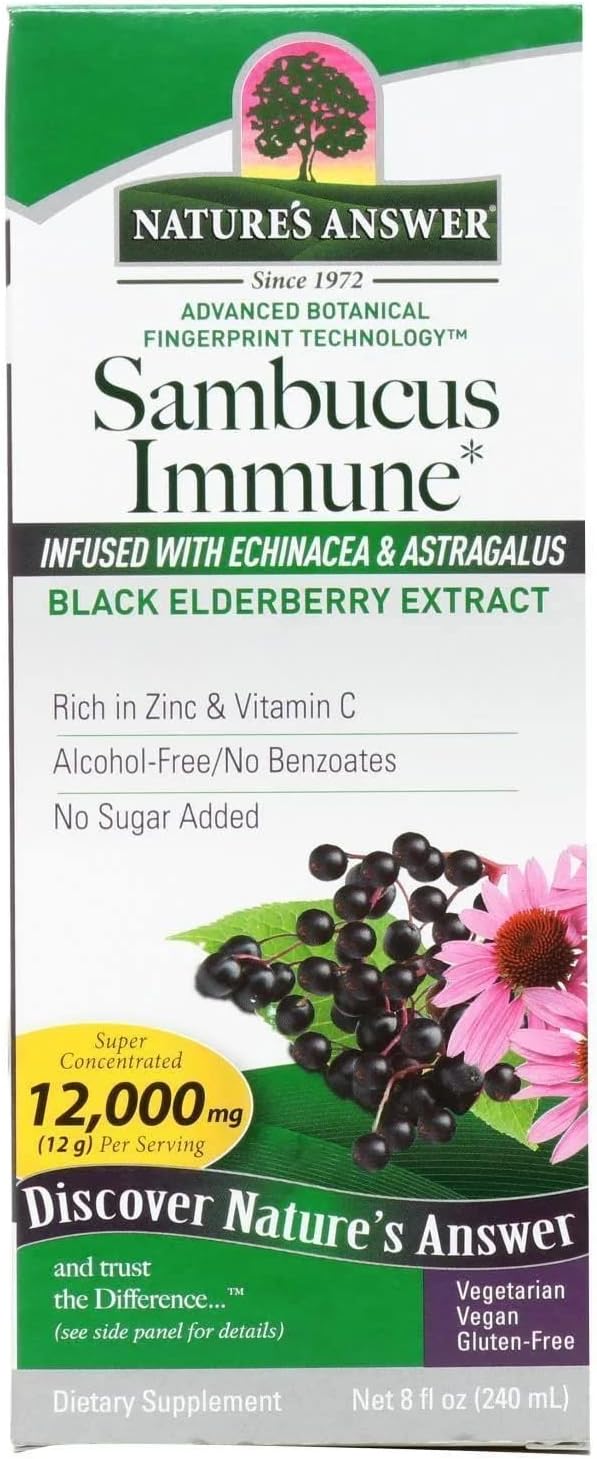 Nature's Answer Alcohol-Free Sambucus Immune Support 8 Fluid Ounce - Made from 12000 mg Black Elderberry Infused with Echinacea and Astragalus Zinc and Vitamin C