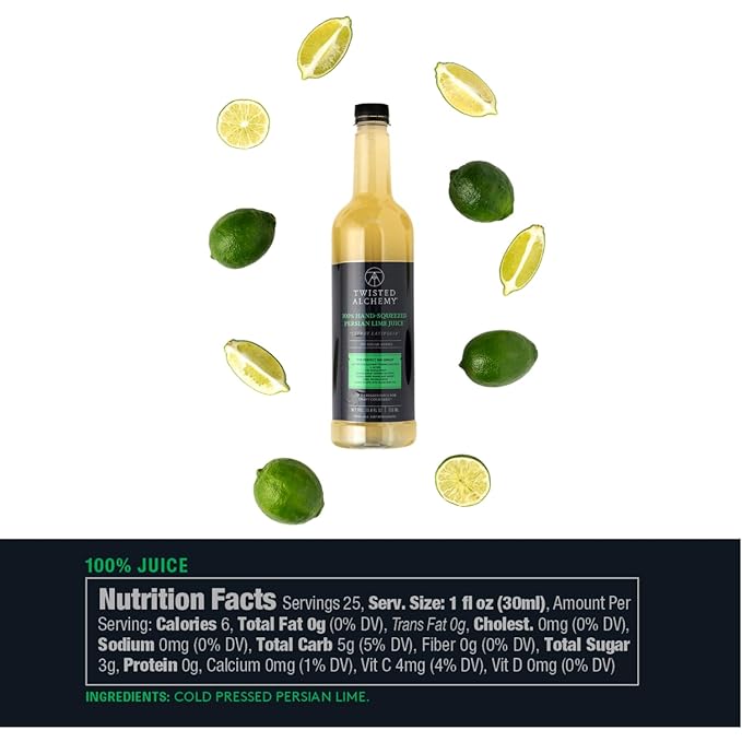 Twisted Alchemy Cold Pressed Fresh Juice For Craft Cocktails - Fresh All Natural Hand Squeezed Lime Juice Cocktail Mixer - (25 Oz Bottle Pack Of 3) - Preservative Free Non-GMO 100% Pure -