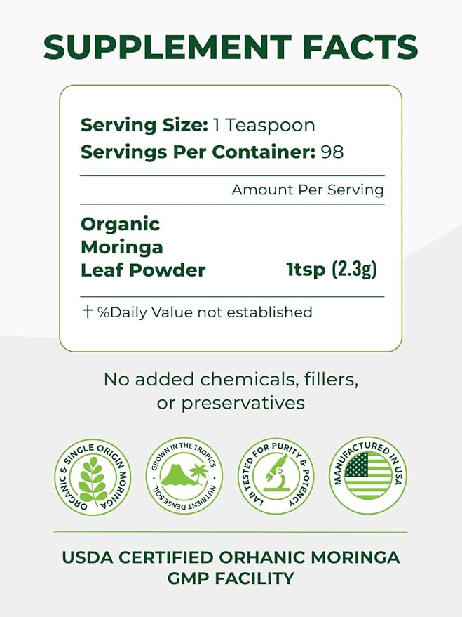 PURA VIDA MORINGA Organic Moringa Leaf Powder Premium 100% Leaf Powder Single Origin - USDA Organic Moringa Oleifera Perfect for Smoothies &amp Recipes 8 oz