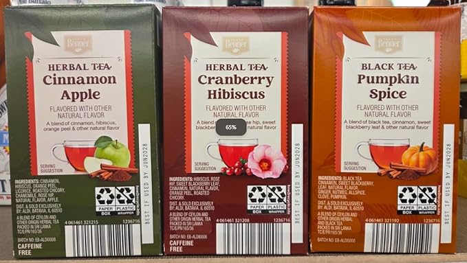 Benner Herbal/Black Tea Cranberry Hibiscus Cinnamon Apple Pumpkin Spice 20 Tea Bags 1.76 49g (Three Boxes)