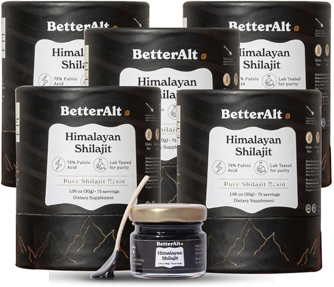 Better Alt Pure Himalayan Shilajit Resin Pack of 5 High Potency Gold Grade 375 Servings for Energy Boost &amp Immune Support 85+ Trace Minerals 75%+ Fulvic Acid with Lab Test Report400 mg
