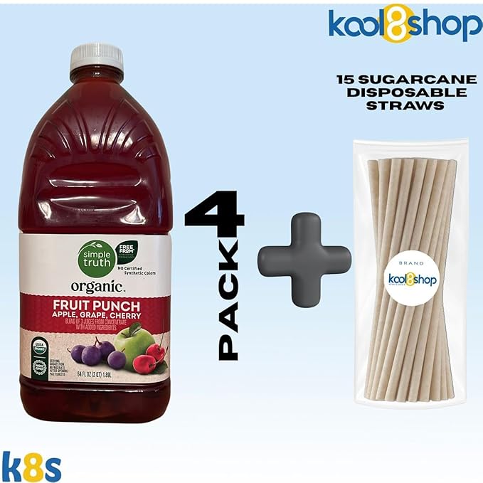 Simple Truth Organic Fruit Juice 64 fl oz Plastic Bottles 4 Pack + 15 Sugarcane Disposable Straws by KOOL8SHOP Infinite Deals (4 Pack Fruit Punch)