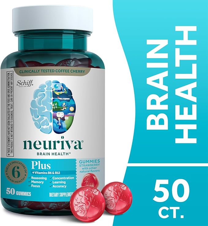 NEURIVA Plus Brain Supplement for Memory Focus &amp Concentration + Cognitive Function with Nootropics Phosphatidylserine and Neurofactor VIT B6 &amp B12 Strawberry Flavor 50 Gummies (3 Pack)
