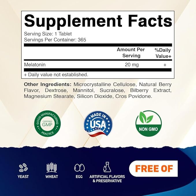Vitamatic Melatonin 20 mg Tablets | Vegetarian Non-GMO Gluten Free | 1 Year Supply | Natural Berry Flavor - 365 Tablets (Pack of 2)