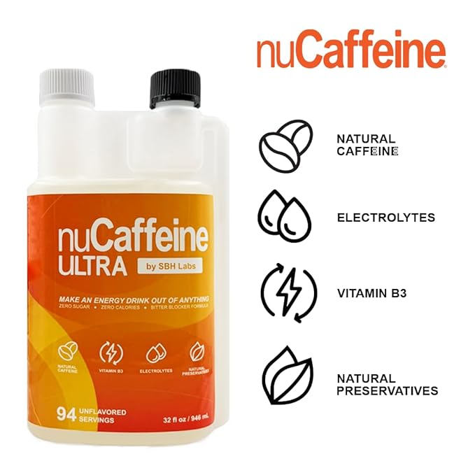nuCaffeine Ultra | New Natural Preservatives | 94 Servings | Natural Caffeine + B3 + Electrolytes | Includes to-Go Tube | Transform Any Drink into an Energy Drink! | No Carbs No Sugars No Calories