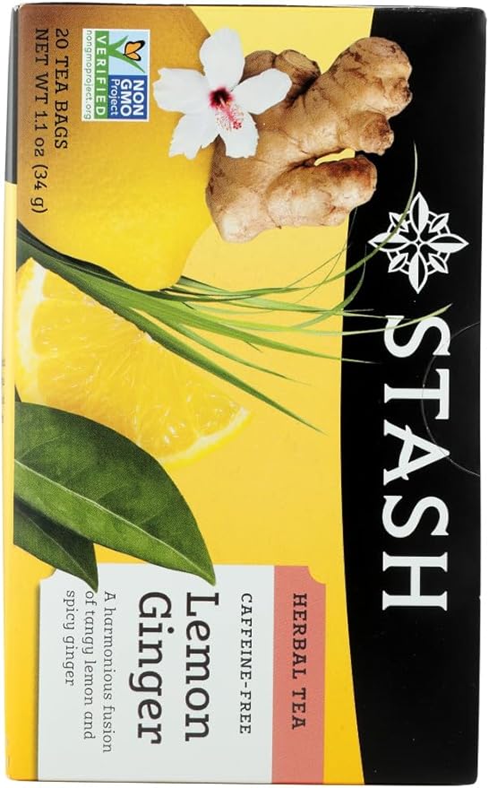 Stash Tea Company Lemon Ginger Herbal Tea 20 Count Tea Bags in Foil (Pack of 6)
