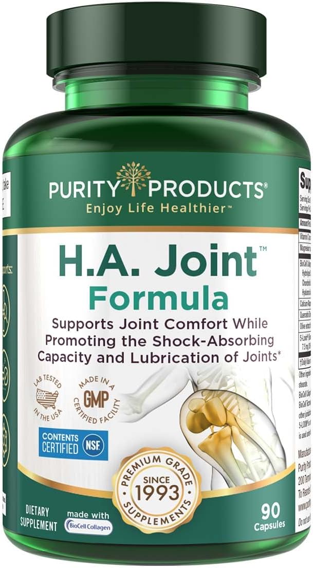 Purity Products HA Joint Formula Hyaluronic Acid + Key CoFactors - Joints + Skin Multi Collagen (Type I II &amp III) - 5-Loxin - Olive Fruit Extract - Joint Flexibility + Mobility - 90 Caps