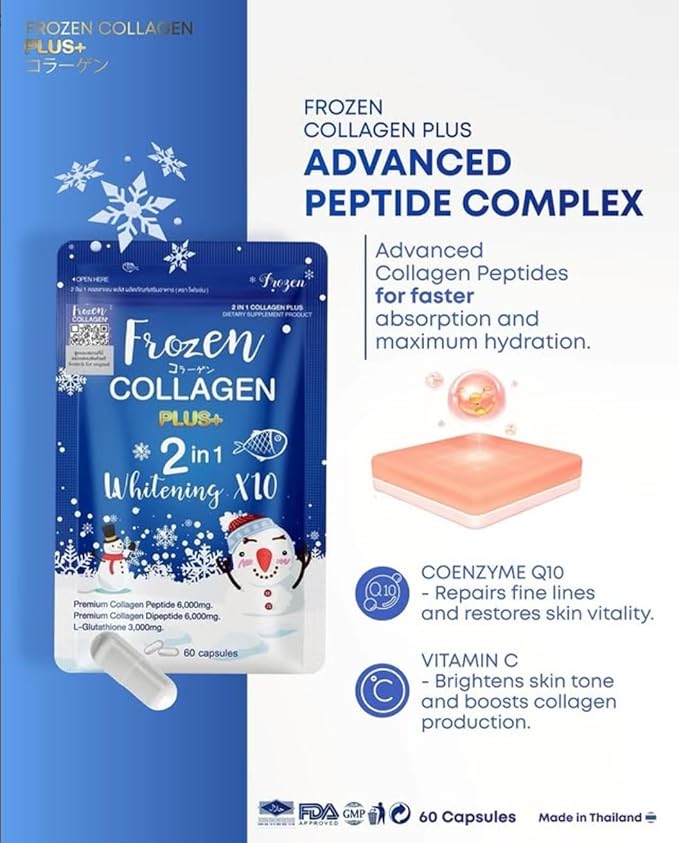 Frozen Collagen Plus+ 2-in-1 Marine Supplement - 100mg Collagen Peptide 100mg Collagen Dipeptide &amp 50mg L-Glutathione per Capsule for Skin Radiance - 120 Capsules (2-Pack)