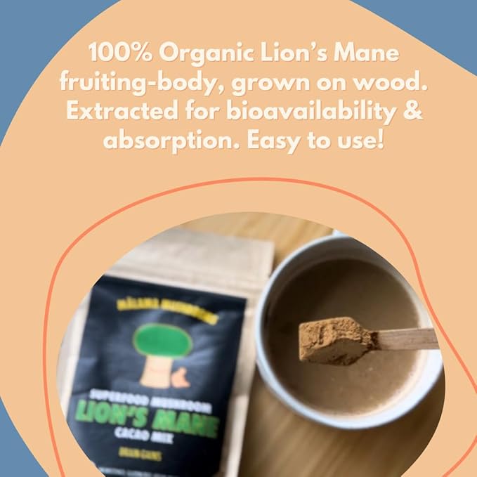 Malama Organic Mushroom Hot Cacao Mix Lion's Mane Mushroom Powder with Fair Trade Cacao for Focus Memory &amp Immune Support – Vegan Superfood Non GMO 3.5 oz (50 Servings)