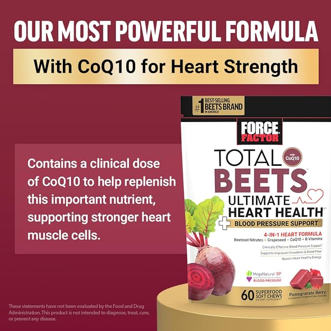 Force Factor Total Beets Blood Pressure Support Supplement with Beets Powder Great-Tasting Chewables for Heart-Healthy Energy and Increased Nitric Oxide 120 Chews 2-Pack